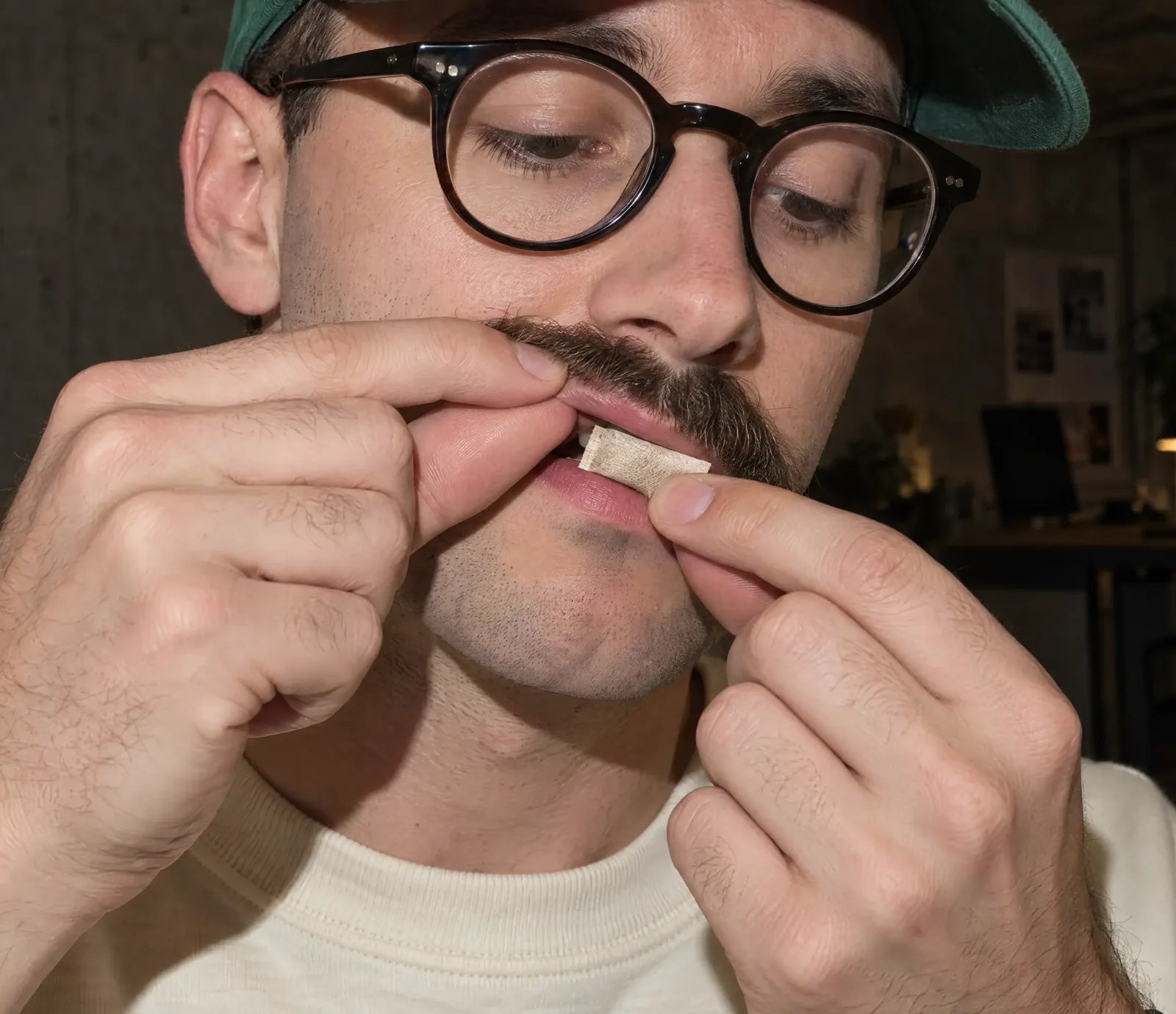 A man in round glasses placing a WAVE pouch under his lip