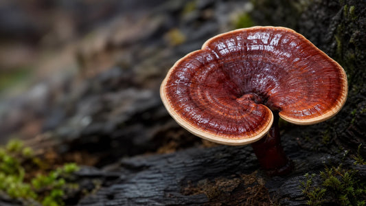 Close-up of a glossy Reishi mushroom on a dark natural surface